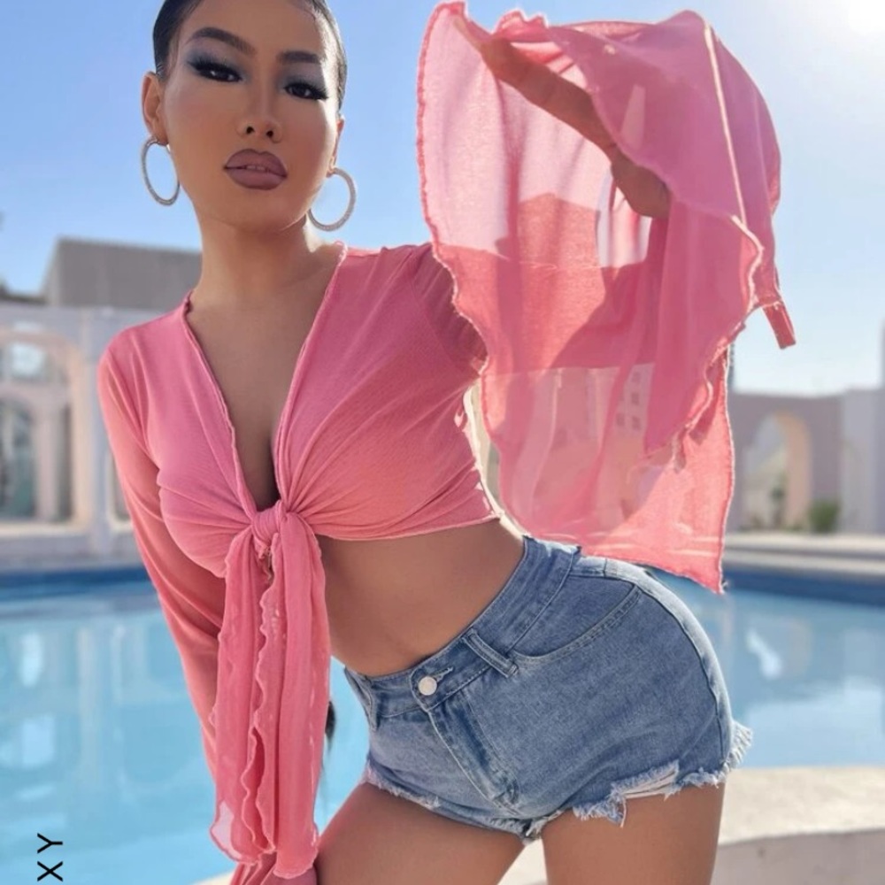 💖 Hot Pink Mesh Long Sleeve Top 💖 - Picture 5 of 6